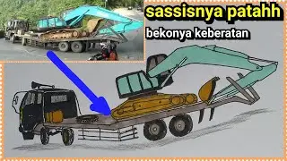 MOBIL TRUK FUSO TRAILER ANGKUT BEKO EXCAVATOR SAMPE SASISNYA BENGKOK | MENGGAMBAR TRUK