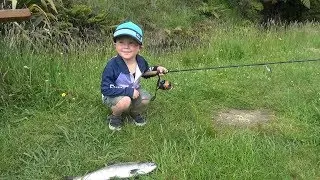 Levi Bowman fishing at age 3, Chinook salmon in New Zealand