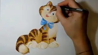 Полосатый кот, котик, котенок с синим бантом, бантиком. Рисуем карандашом и раскрашиваем гуашью.