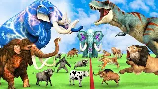 5 Giant Lion Mammoth Elephant Bull vs 10 Giant Tiger Wolf Attack Baby Elephant Cow Saved By Mammoth