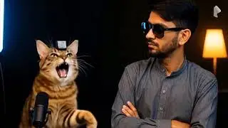 person dressed in a casual sunglasses stands confidently with arms crossed, observing a cat 