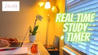 Study with me + Real time with timer - 25/5 pomodoro (without music)