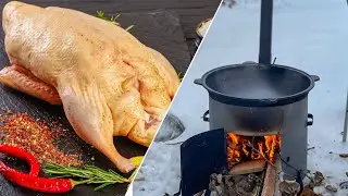 The meat melts on your tongue! Goose in a cauldron, country style, on a fire.