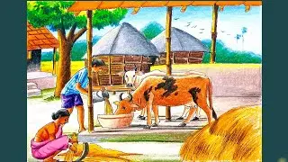 Indian village life scenery drawing step by step/Rural village scenery drawing