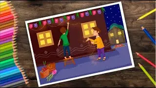 Diwali Decoration Scenery Drawing | दिवाली पर ड्राइंग बनाइये