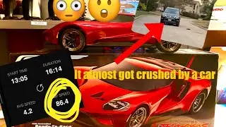 RC CAR GOES 80 ON A PUBLIK ROAD AND ALMOST CRASHES INTO CAR!!!