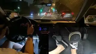 POV Manual Car Night Drive in Traffic with Pedal Cam
