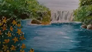 How to paint a landscape. Flowering at the Waterfall/Как нарисовать пейзаж. Цветение у водопада