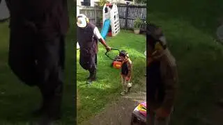 Sedali Mahone learns how to mow the lawn with his Dad