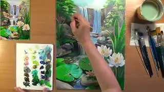 Как нарисовать водопад. Рисуем водопад и лотосы. Акрил