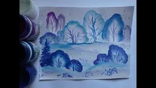 Как нарисовать зимний пейзаж гуашью