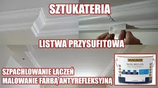 Sztukateria, listwa przysufitowa, szpachlowanie łączeń, farba antyrefleksyjna Magnat Non-Reflex