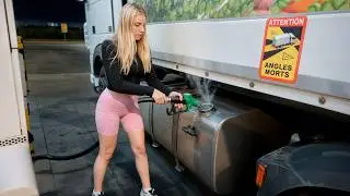 Female Trucker Refuels at a Dangerous Truck Stop at Night
