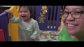 Walking toddler sees Dinosaurs