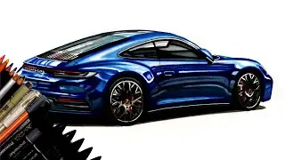 Realistic Car Drawing - Porsche 992 Carrera S - Time Lapse - Drawing Ideas