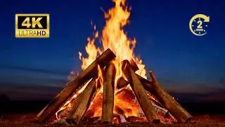 Beach Campfire 2 Hours. Strong Flames, Summer Night & Ocean Relaxation