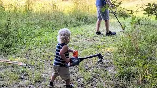 Making yardwork fun for toddlers | Weed eater, lawnmower, and leaf blower | Real and toys!