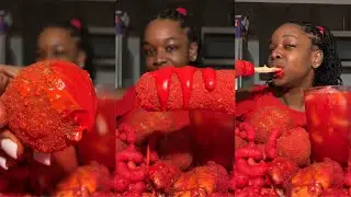 RED Food Mukbang ! Hot Cheetos Fried Lobster , Korean Corn Dogs , Boudin Balls & More ❤️
