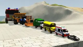 Police Car,Fire Truck,Mega Truck,Bulldozer,School Bus,Ambulance vs Down the Stairs of Death