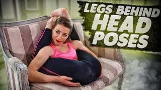 Contortion yoga. Legs behind head poses. Yoganidrasana. Flexible girl.