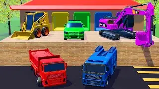 Bulldozer, Excavator, Police Car, Fire Truck and Spike wall | Construction Vehicles 3D Cartoon