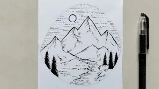 How to draw a Evening Mountain Landscape drawing || Mountain Landscape drawing with black pen