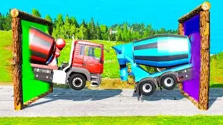 Cars vs Portal Trap - Mixer Truck Car Rescue Bridge over Deep Water | BeamNG Drive