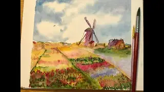 Пейзаж. РИСУЕМ КАК .. КЛОД МОНЕ. Рассказ об импрессионистах и Клоде Моне. Поля Тюльпанов и мельницы.