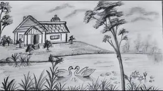How to draw easy pencil sketch scenery, Landscape River side  Scenery Drawing
