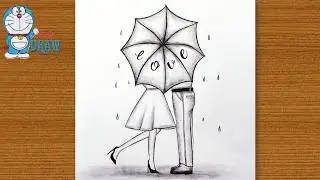 Girl and boy kiss in the rain with a sketch||couple drawing by outline art master