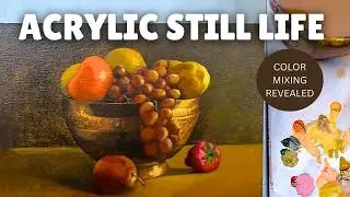 Metal Fruit Bowl - Still Life Painting | Realistic Acrylic Fruits Painting step by step
