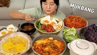 cooking mukbang:) radish salad bibimbap, spicy braised fofu, Cheddar cheese potato pancake.