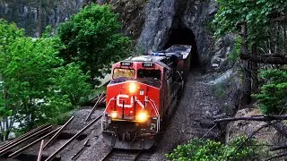 CN Train Going Thru Tunnels Following The Old Cariboo Highway In The Fraser Canyon
