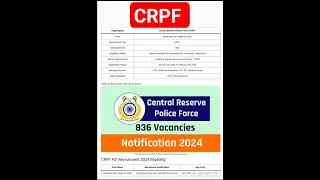 CRPF ASI Recruitment 2024 for 836 Vacancies #crpf