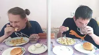Заруба, новый формат.  Пицца, гамбургер, пельмени и яйца. Поедание еды на скорость.