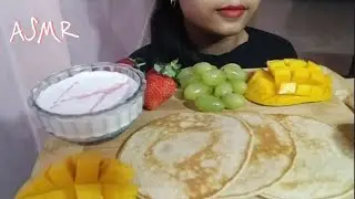 ASMR| Eating Pancakes| Whipped Cream|Mangoes|Strawberries|Grapes| (Eating Sounds)