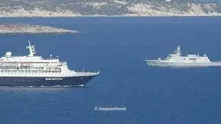 Turkish Navy Ada class corvettes F 513 - F 511 - F 512 passing Chios Strait.