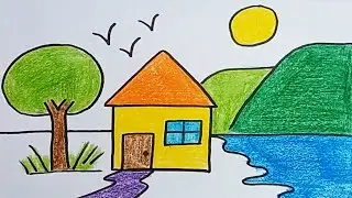 Easy Landscape drawing for kids | House and nature drawing