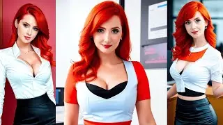 RED-HAIRED BUSINESS WOMAN IN THE OFFICE WITH DECOLLETE. AI cosplay girl AI ART LOOKBOOK