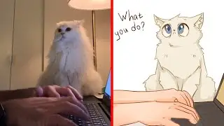 no brained cats and dog memes turned into drawings (art by me)