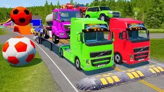 Double Flatbed Trailer Truck vs Speedbumps Train vs Cars | Tractor vs Train Beamng.Drive 002
