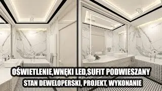 Łazienka, stan deweloperski, wnęki LED, oświetlenie LED, sufit podwieszany.