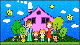 Happy Family drawing | How to Draw sweet home | coloring pages for kids by #bosstoyart