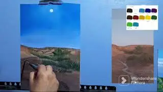 رسم منظر طبيعي بالالوان الزيتية ،جمال الغروب مع القمر ،@Aliartist84 ،#رسم#الجزائر
