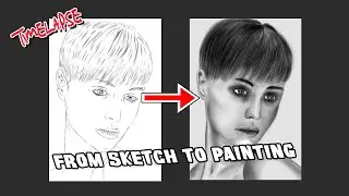 TIME-LAPSE From sketch to painting in 2022 - Black-white painting of a shorthair woman portrait