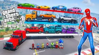SUPERHERO CARS Challenge over Lake Rampa ! SPIDERMAN Racing Car HULK Iron Man Goku Stunts 