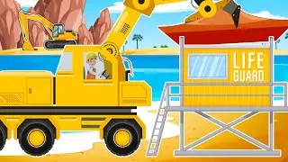 Excavator, Wheel Roller, Crane Are Building A New Lifeguard Tower On The Beach