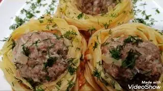 Макаронные гнезда с фаршем, вкусная идейка на обед.