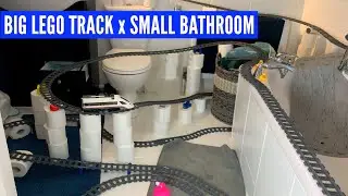 Big Lego train track around small bathroom - with Bonus crash