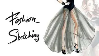 Fashion sketches: рисуем маркерами скетч девушки в пышной юбке, передаем фактуру и тона.